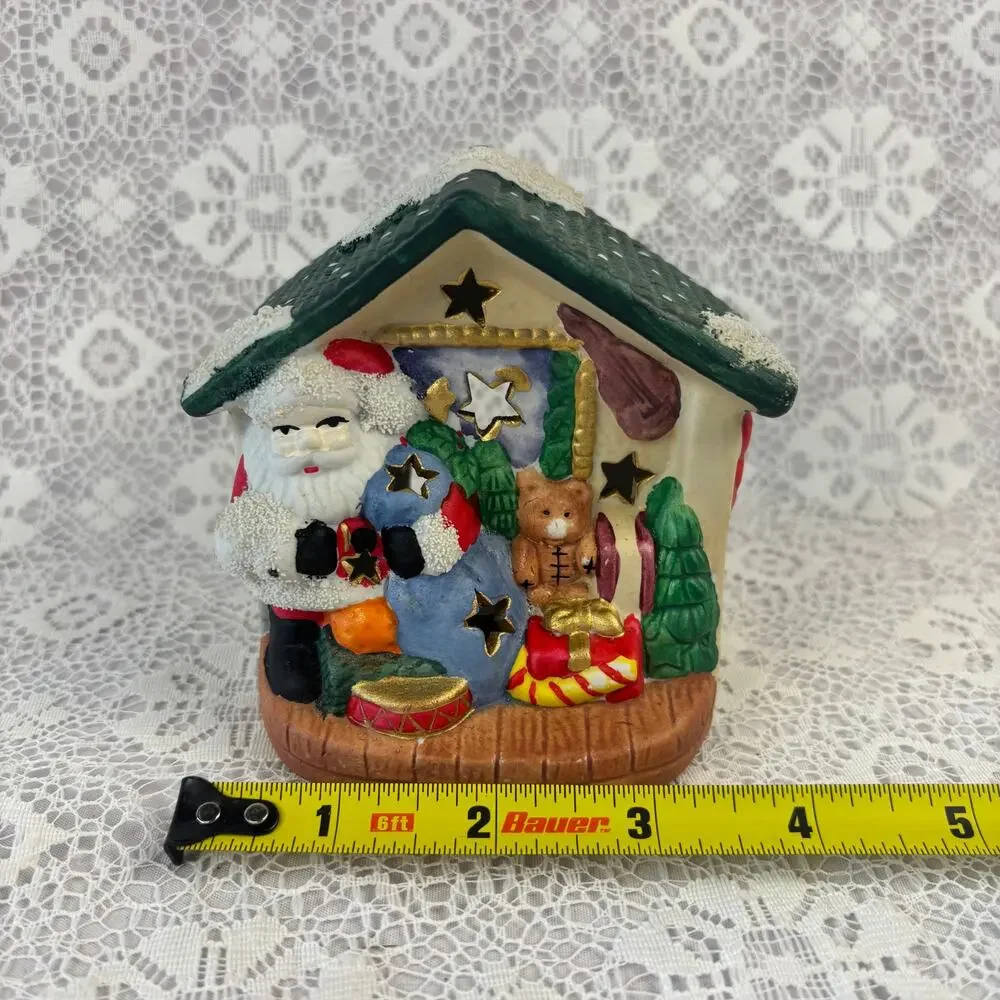 Vintage Christmas Santa House Tealight Candle Holder Ceramic Holiday Luminary